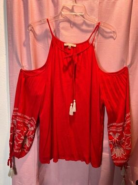 Women’s Red Cold-Shoulder Tassel Embroidered Tunic